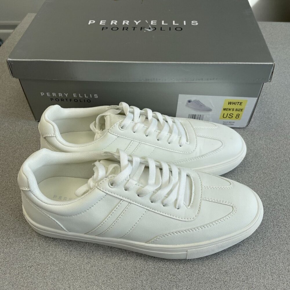 NEW Perry Ellis Men's US 8 White Sneakers  Lace-Up Low Top